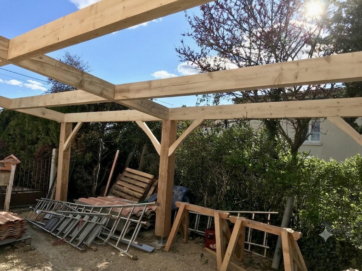 Carport en douglas et sapin, structure de charpente vue de l'intérieur